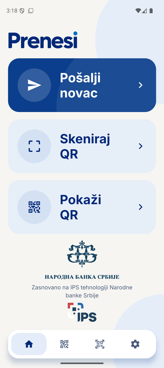 Početni ekran aplikacije Prenesi