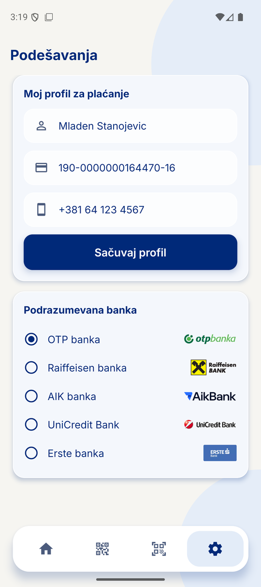 Podešavanja: profil i podrazumevana banka